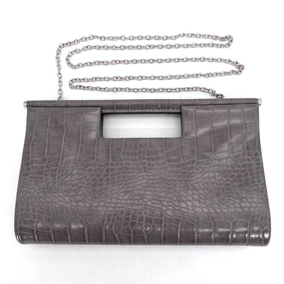 Jessica McClintock Gray Faux Crocodile Emboss Leather Clutch Handbag Chain Strap - Picture 1 of 13